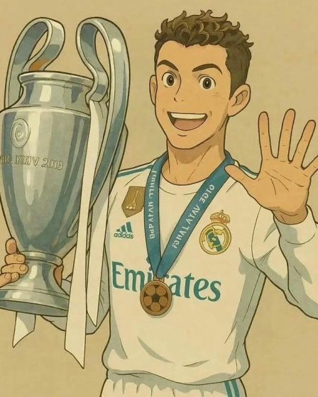 Anh Ronaldo anime cam cup vo dich cuoi rat tuoi